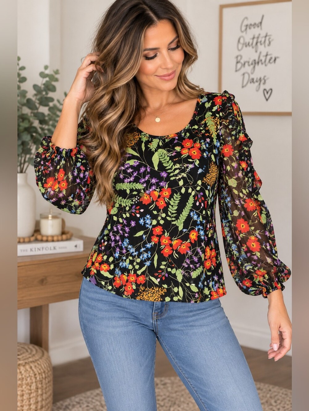 Maeve Anthropologie Black Floral Sheer Sleeve Blouse Size Small